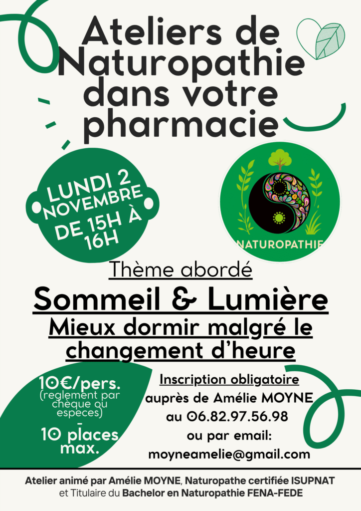 Affiche de l’atelier de naturopathie « Sommeil et lumière » le lundi 2 novembre 2026 de 15h à 16h à la Pharmacie de Foulayronnes